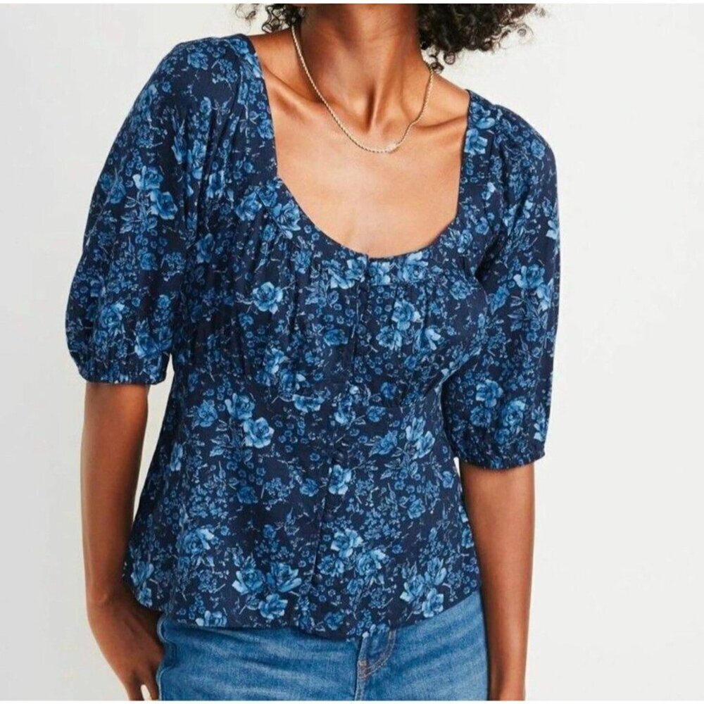 Old Navy Blue Floral Puff Sleeve Blouse Stretch S